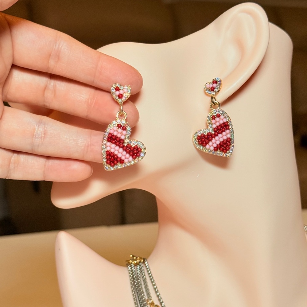 Red Beaded Heart Drop Earrings - Women Jewelry - Picture 4 of 11